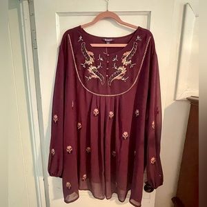 NWT Roamans GORGEOUS wine colored beaded blouse, long sheer sleeves, size 32W